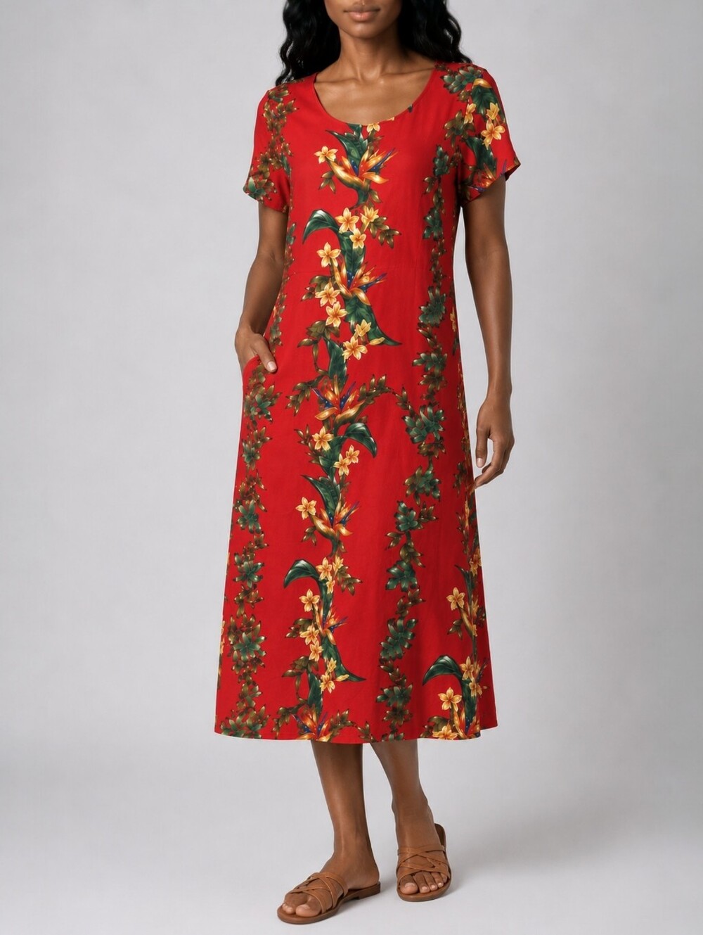 Vintage Hawaiian Tropical Floral Midi Dress Resort Vacation S